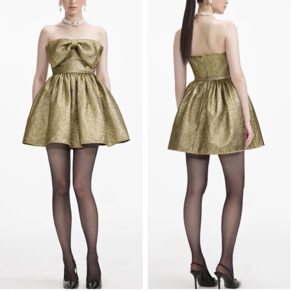Self-Portrait Women’s 6 Gold Metallic Bow Strapless Mini Dress Party Fit & Flare